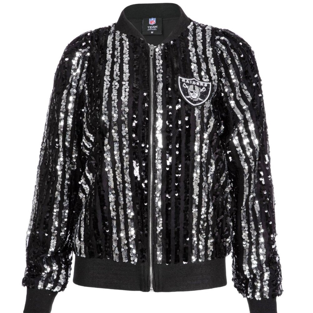 BNT Las Vegas Raiders Two Tone Sequin Embellished Bomber Jacket